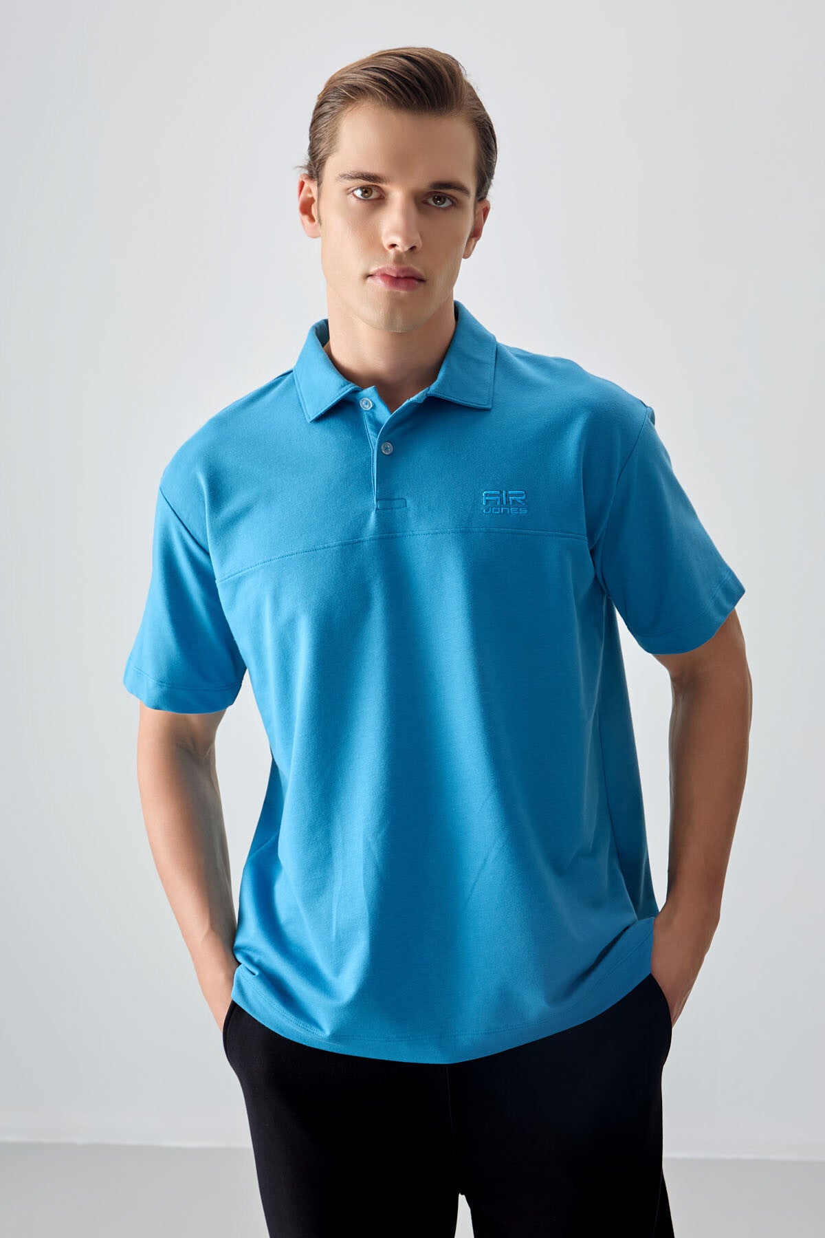 Petrol Mavi Pamuklu Kalın Yumuşak Dokulu Polo Yaka Oversize Fit Basic Erkek T- Shirt - 88382