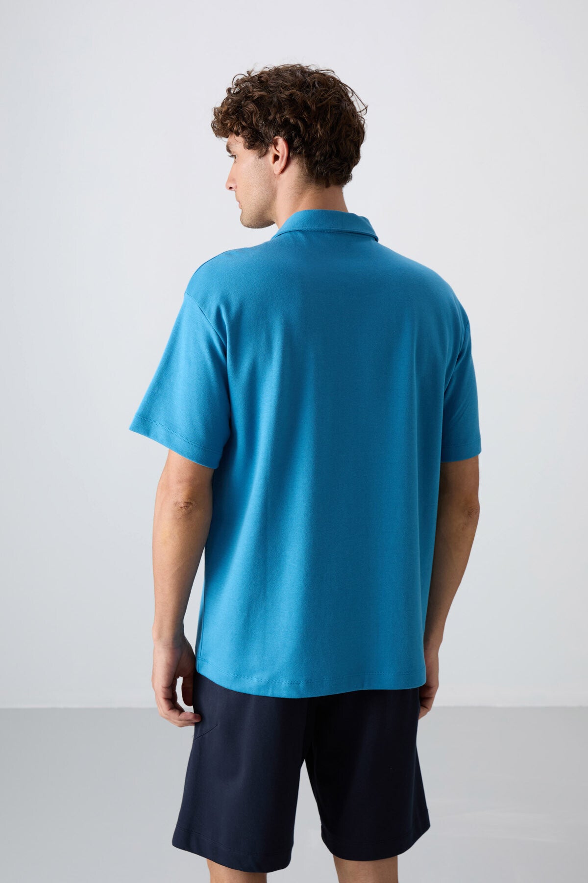 Petrol Mavi Pamuklu Kalın Yumuşak Dokulu Oversize Fit Basic Polo Yaka Erkek T-Shirt - 88327