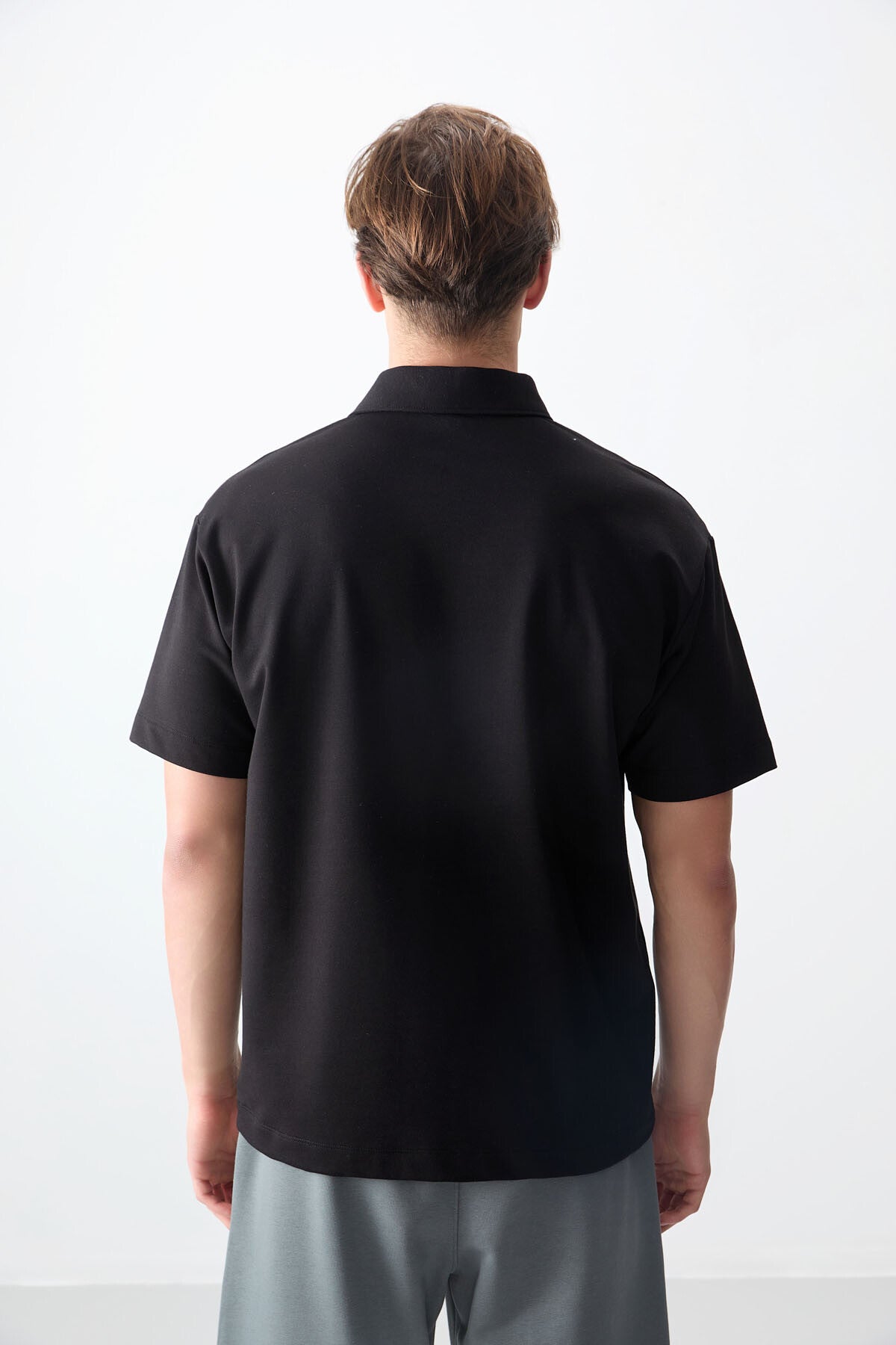 Siyah Pamuklu Kalın Yumuşak Dokulu Polo Yaka Oversize Fit Basic Erkek T- Shirt - 88382