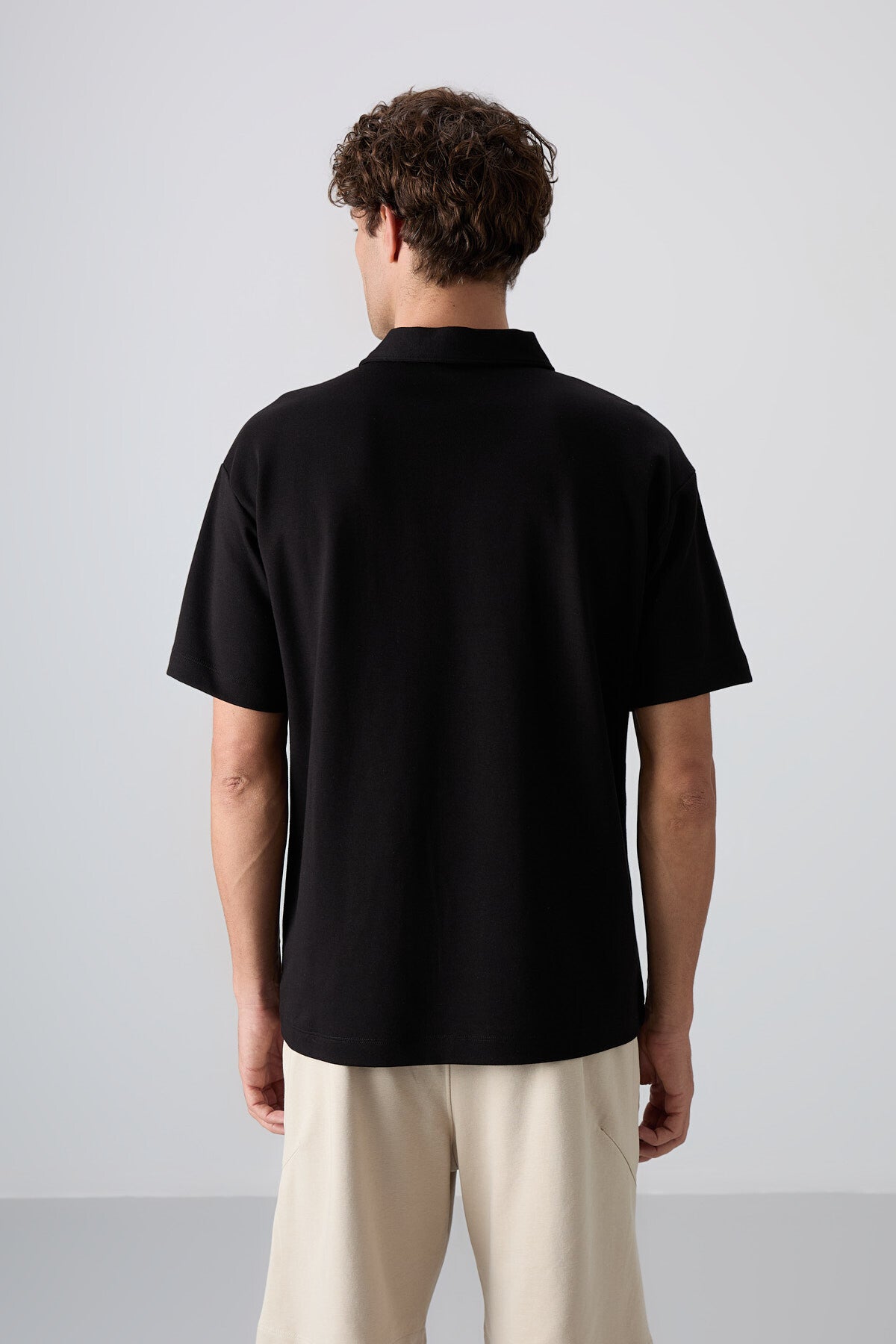 Siyah Pamuklu Kalın Yumuşak Dokulu Oversize Fit Basic Polo Yaka Erkek T-Shirt - 88327