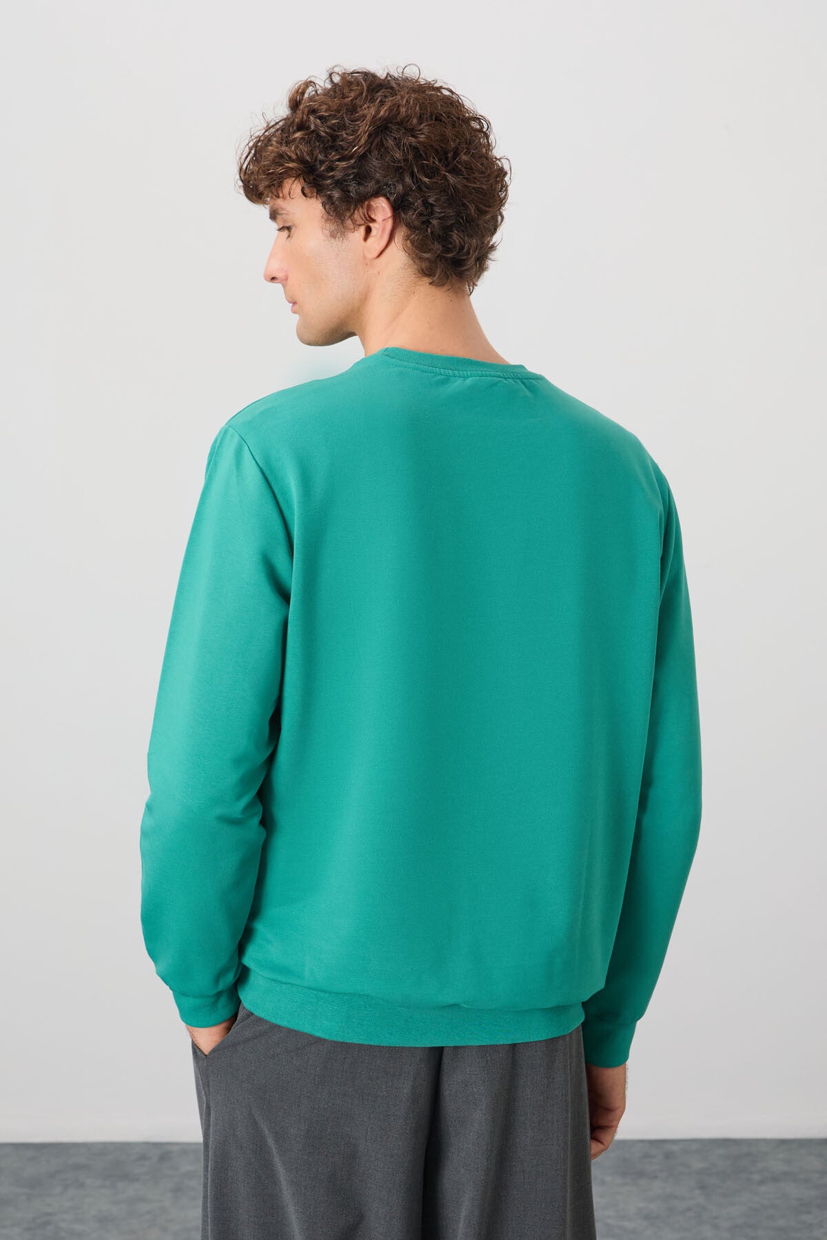 Deniz Yeşili Pamuk Yumuşak Dokulu Standart Fit Basic Erkek Sweatshirt - 88363