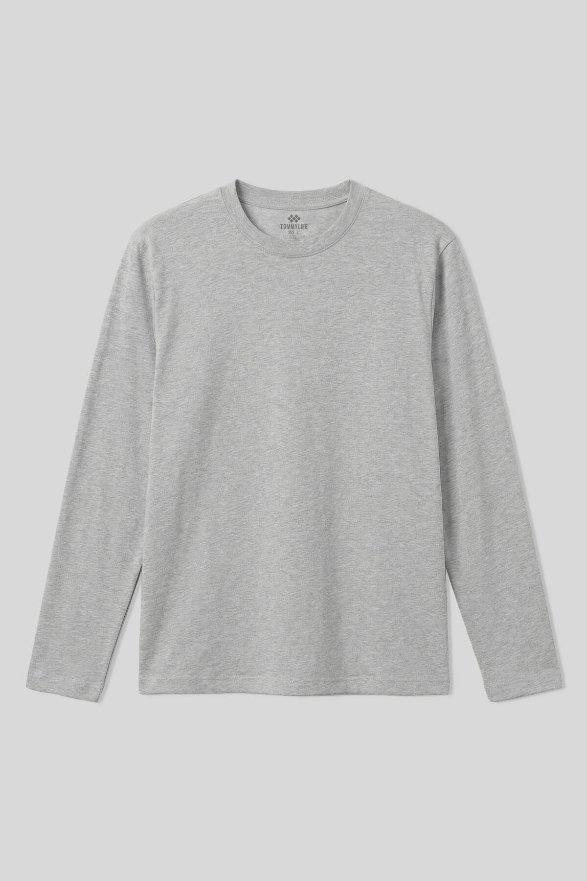 Gri Melanj Standart Fit Basic O Yaka Uzun Kollu İnce Erkek T-Shirt - 87997