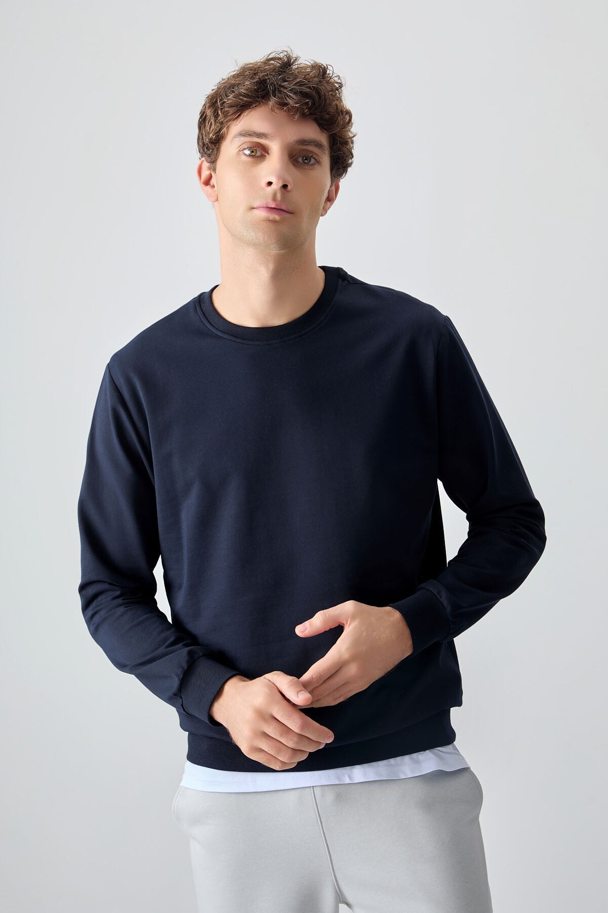 Lacivert Pamuk Yumuşak Dokulu Standart Fit Basic Erkek Sweatshirt - 88363