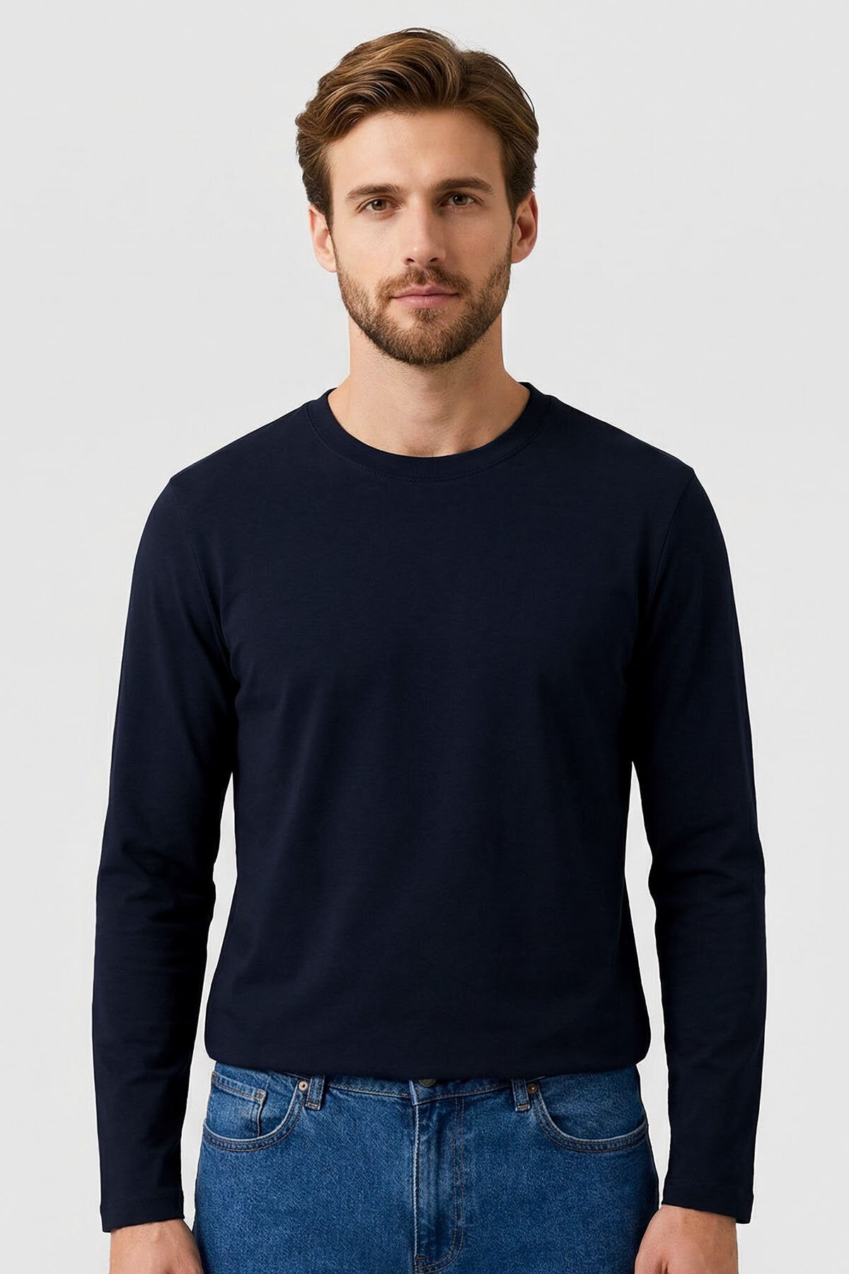 Lacivert Standart Fit Basic O Yaka Uzun Kollu İnce Erkek T-Shirt - 87997