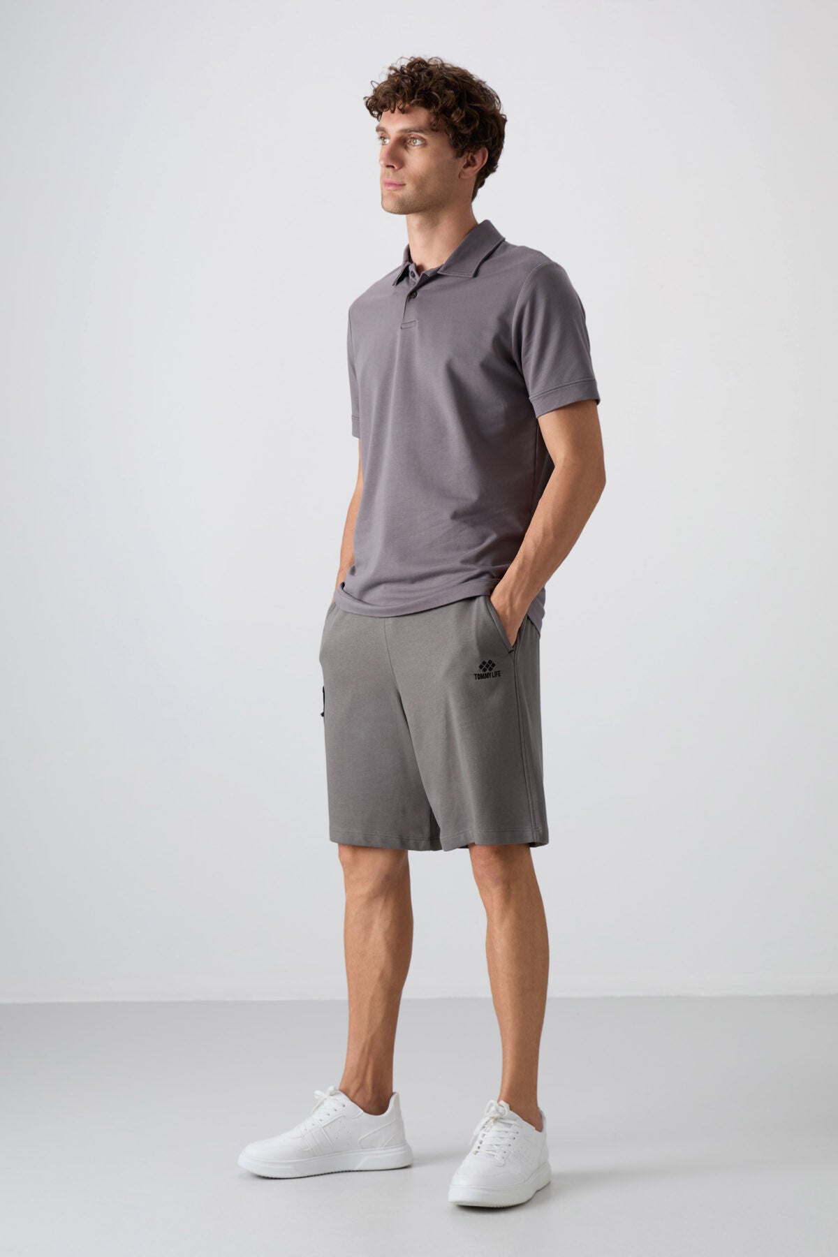 Koyu Gri Pamuklu Kalın Yumuşak Dokulu Comfort Fit Baskılı Erkek Şort - 81266