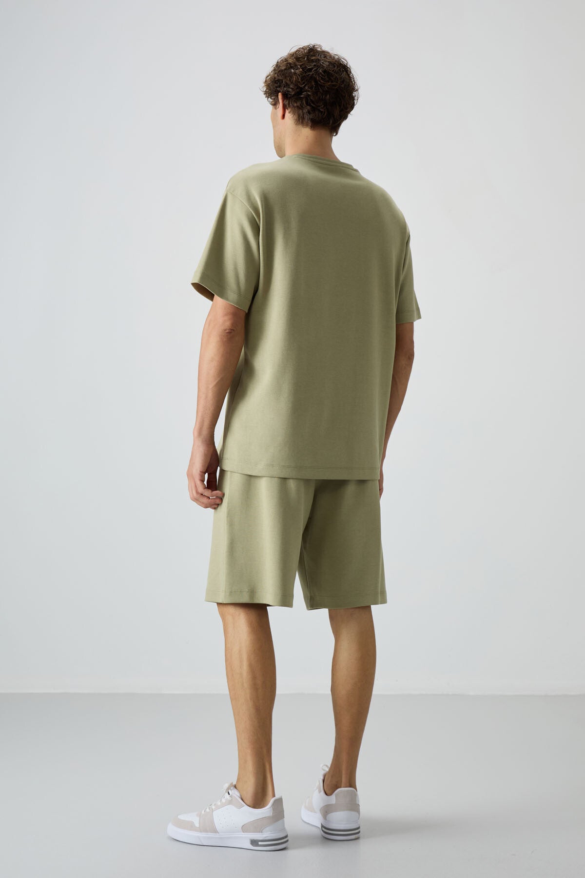 Açık Çağla Pamuklu Kalın Yumuşak Dokulu Oversize Fit Basic Erkek Şort Takım - 85249