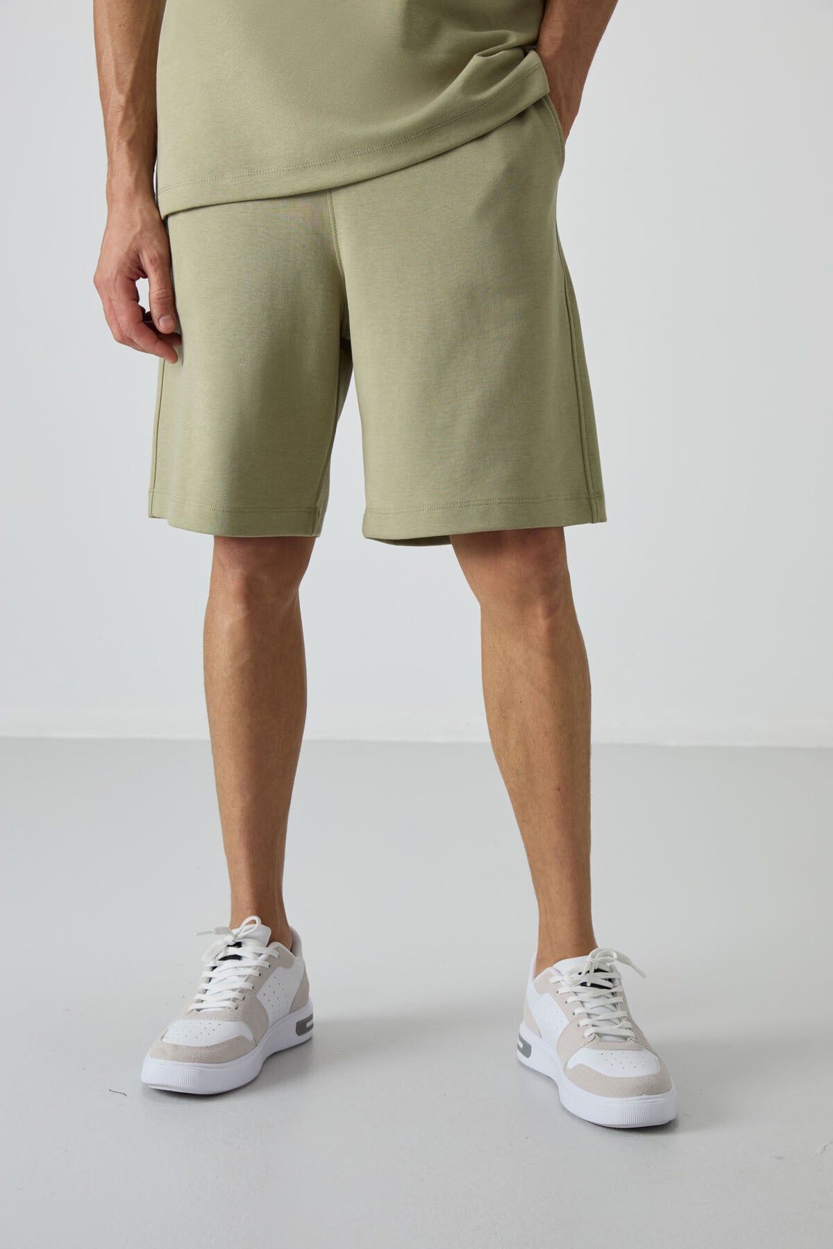 Açık Çağla Pamuklu Kalın Yumuşak Dokulu Oversize Fit Basic Erkek Şort Takım - 85249