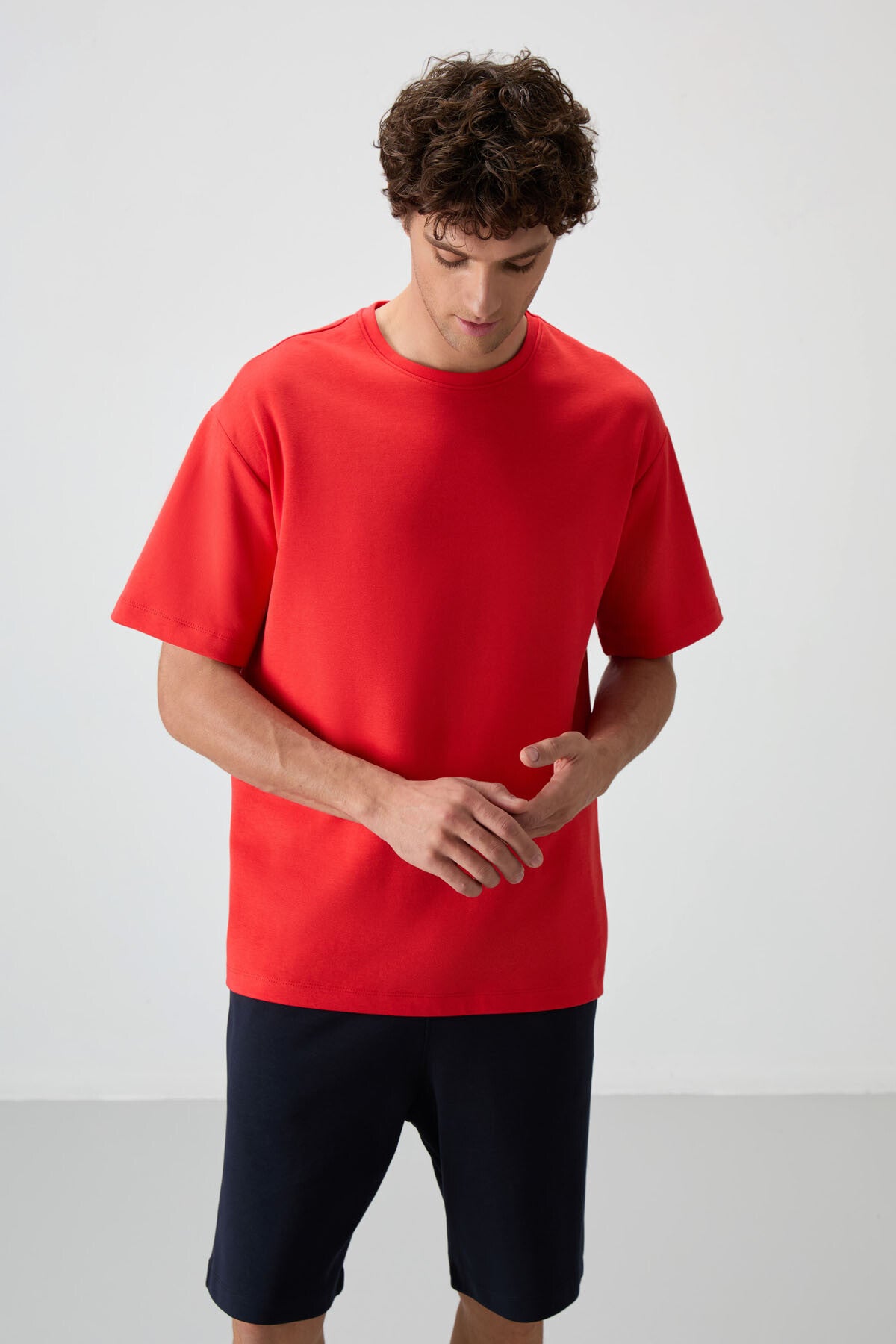 Fiesta - Lacivert Pamuklu Kalın Yumuşak Dokulu Oversize Fit Basic Erkek Şort Takım - 85249
