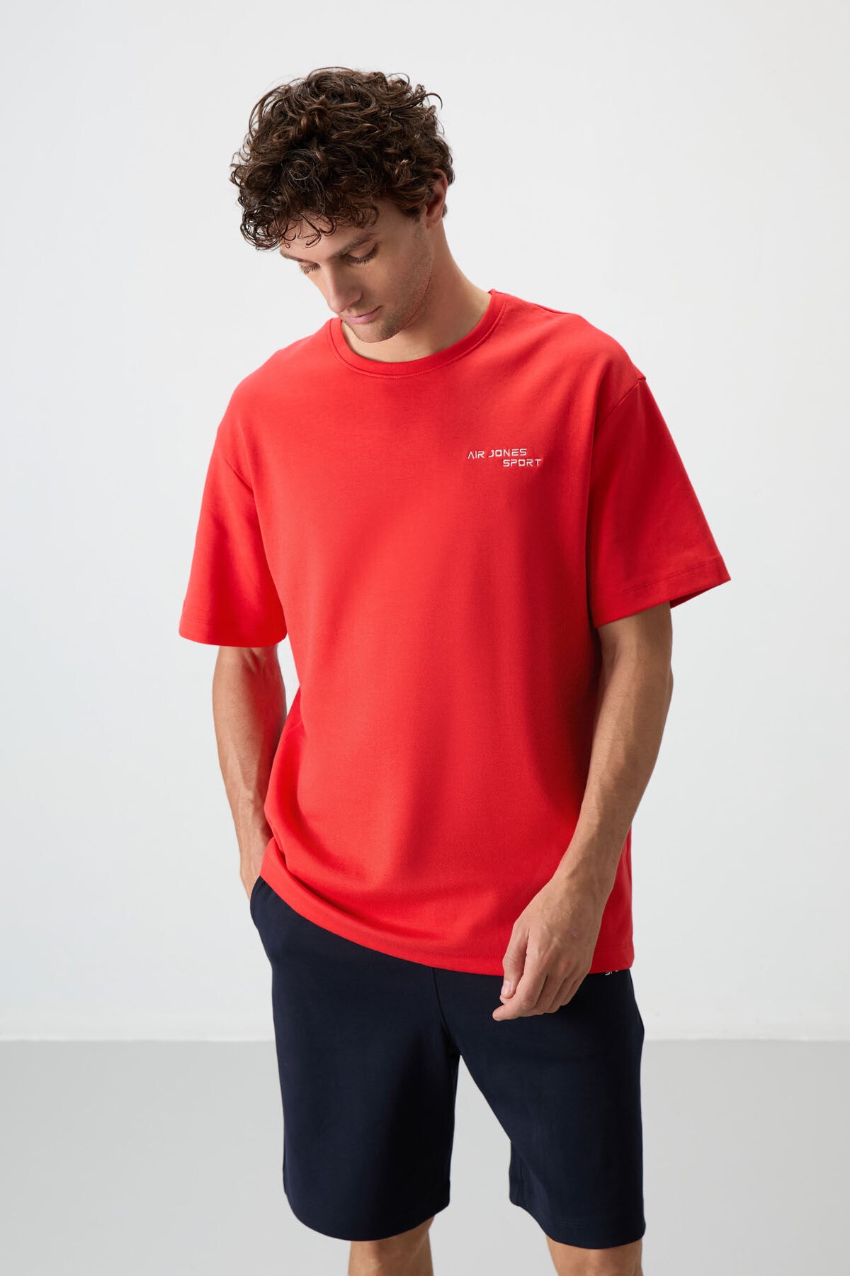 Fiesta - Lacivert Pamuklu Kalın Yumuşak Dokulu Oversize Fit Nakışlı Erkek Şort Takım - 85250