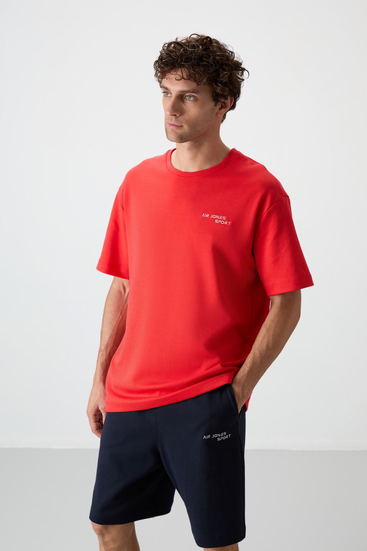 Fiesta - Lacivert Pamuklu Kalın Yumuşak Dokulu Oversize Fit Nakışlı Erkek Şort Takım - 85250