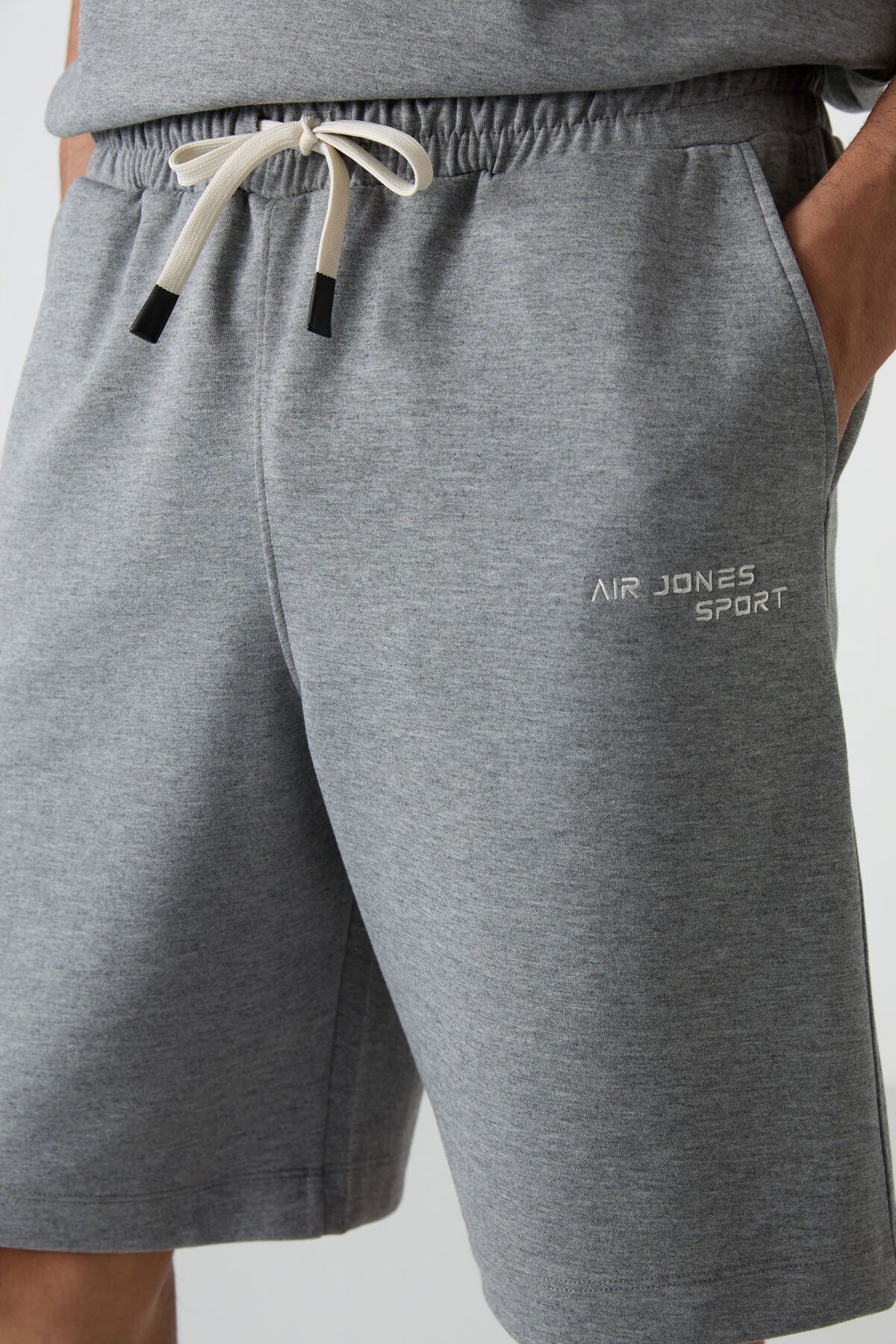 Gri Melanj Pamuklu Kalın Yumuşak Dokulu Oversize Fit Nakışlı Erkek Şort Takım - 85250