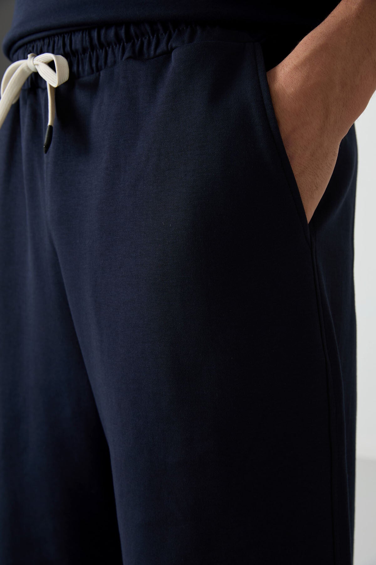 Lacivert Pamuklu Kalın Yumuşak Dokulu Oversize Fit Basic Erkek Şort Takım - 85249