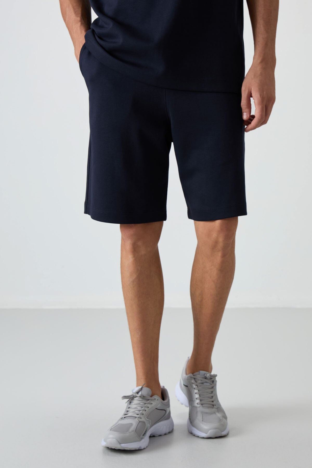 Lacivert Pamuklu Kalın Yumuşak Dokulu Oversize Fit Basic Erkek Şort Takım - 85249