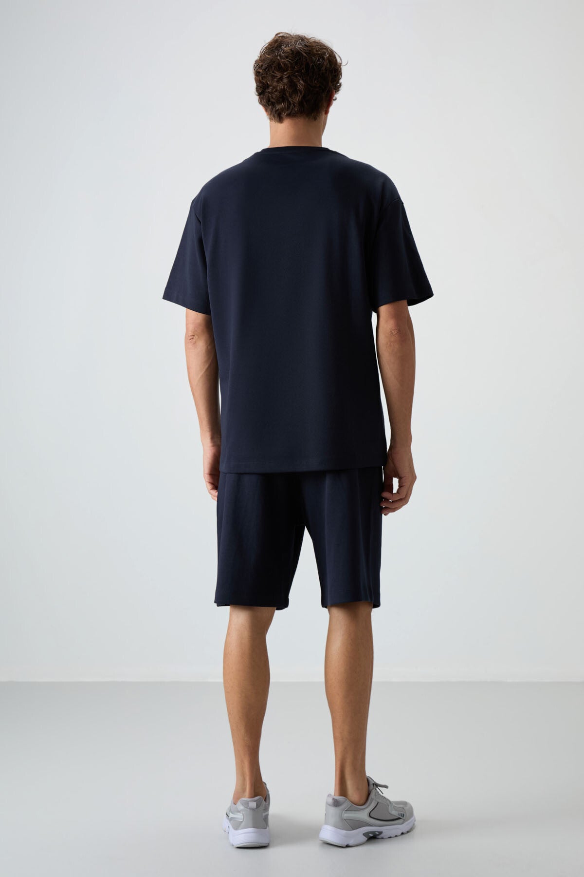 Lacivert Pamuklu Kalın Yumuşak Dokulu Oversize Fit Basic Erkek Şort Takım - 85249
