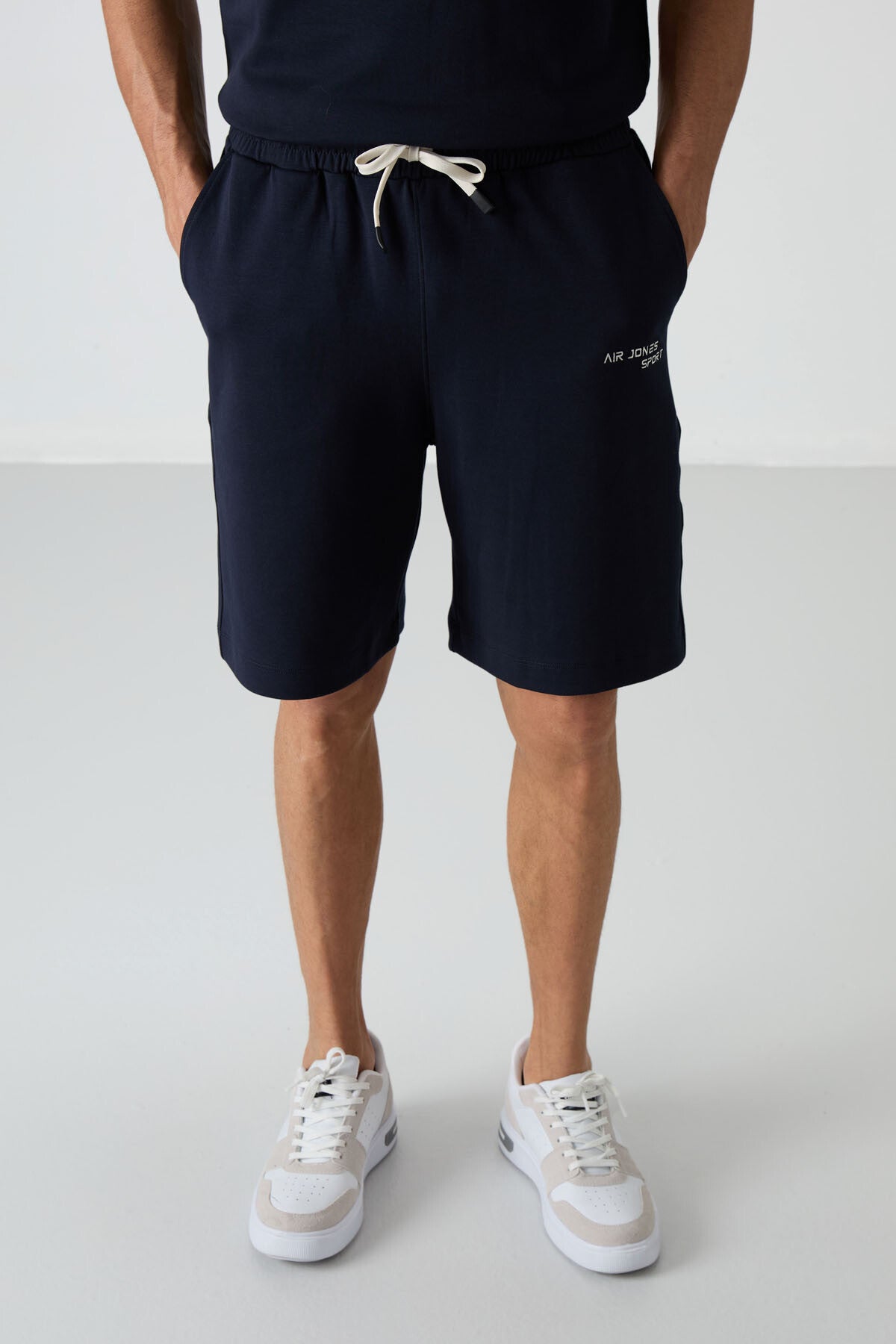 Lacivert Pamuklu Kalın Yumuşak Dokulu Oversize Fit Nakışlı Erkek Şort Takım - 85250
