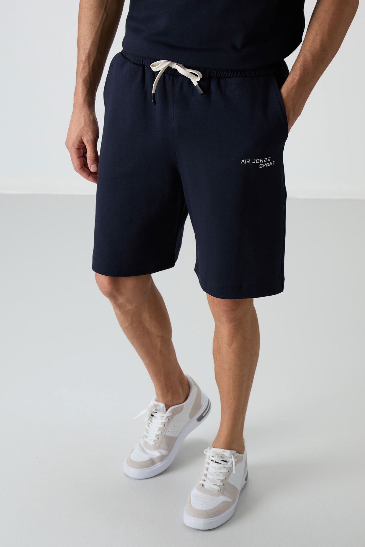 Lacivert Pamuklu Kalın Yumuşak Dokulu Oversize Fit Nakışlı Erkek Şort Takım - 85250