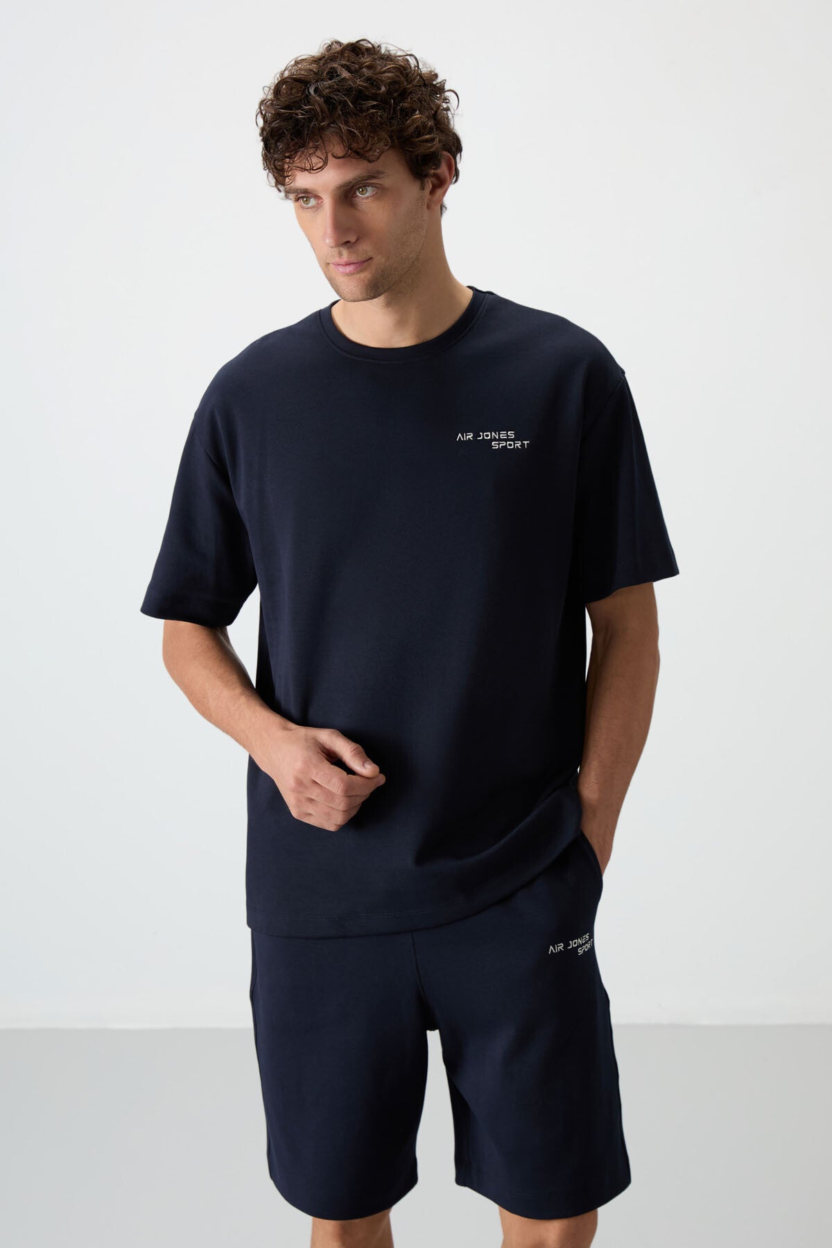 Lacivert Pamuklu Kalın Yumuşak Dokulu Oversize Fit Nakışlı Erkek Şort Takım - 85250