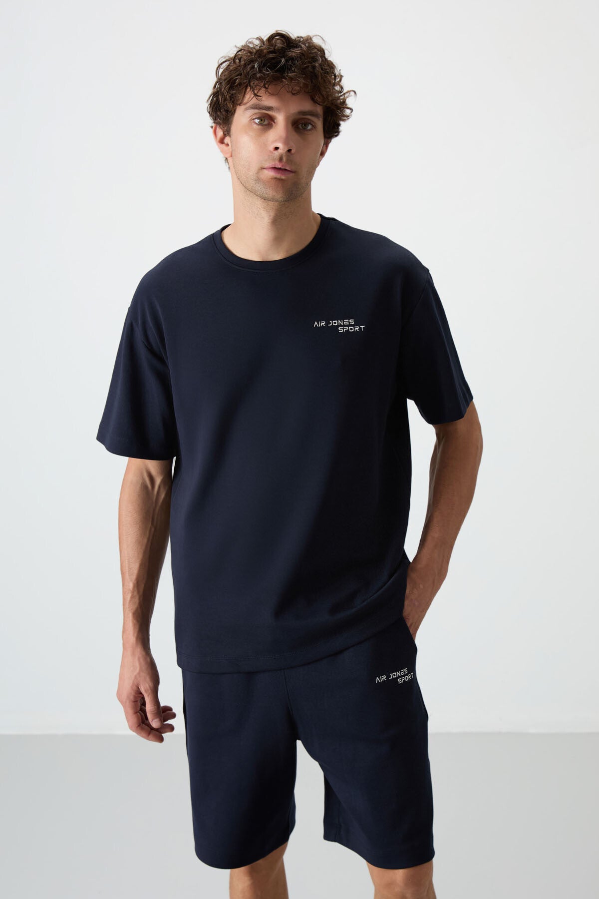 Lacivert Pamuklu Kalın Yumuşak Dokulu Oversize Fit Nakışlı Erkek Şort Takım - 85250