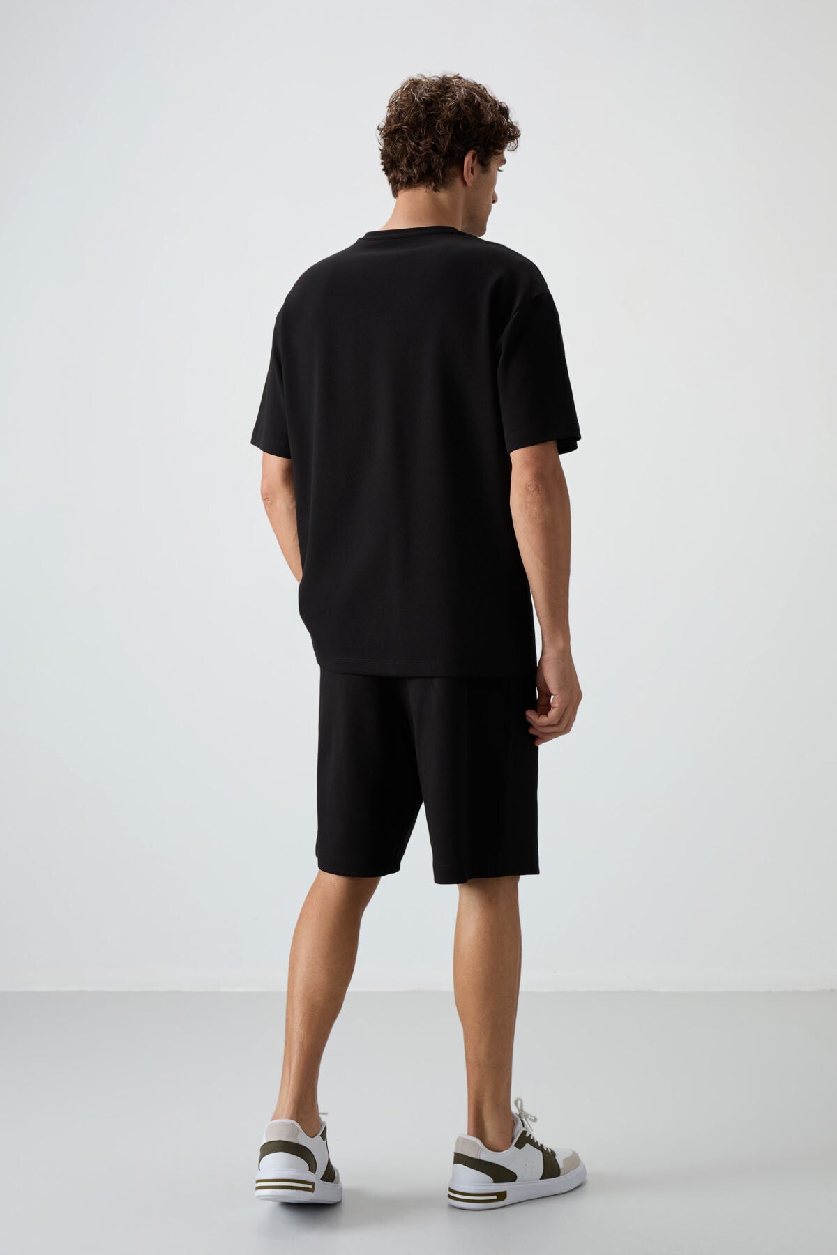 Siyah Pamuklu Kalın Yumuşak Dokulu Oversize Fit Basic Erkek Şort Takım - 85249