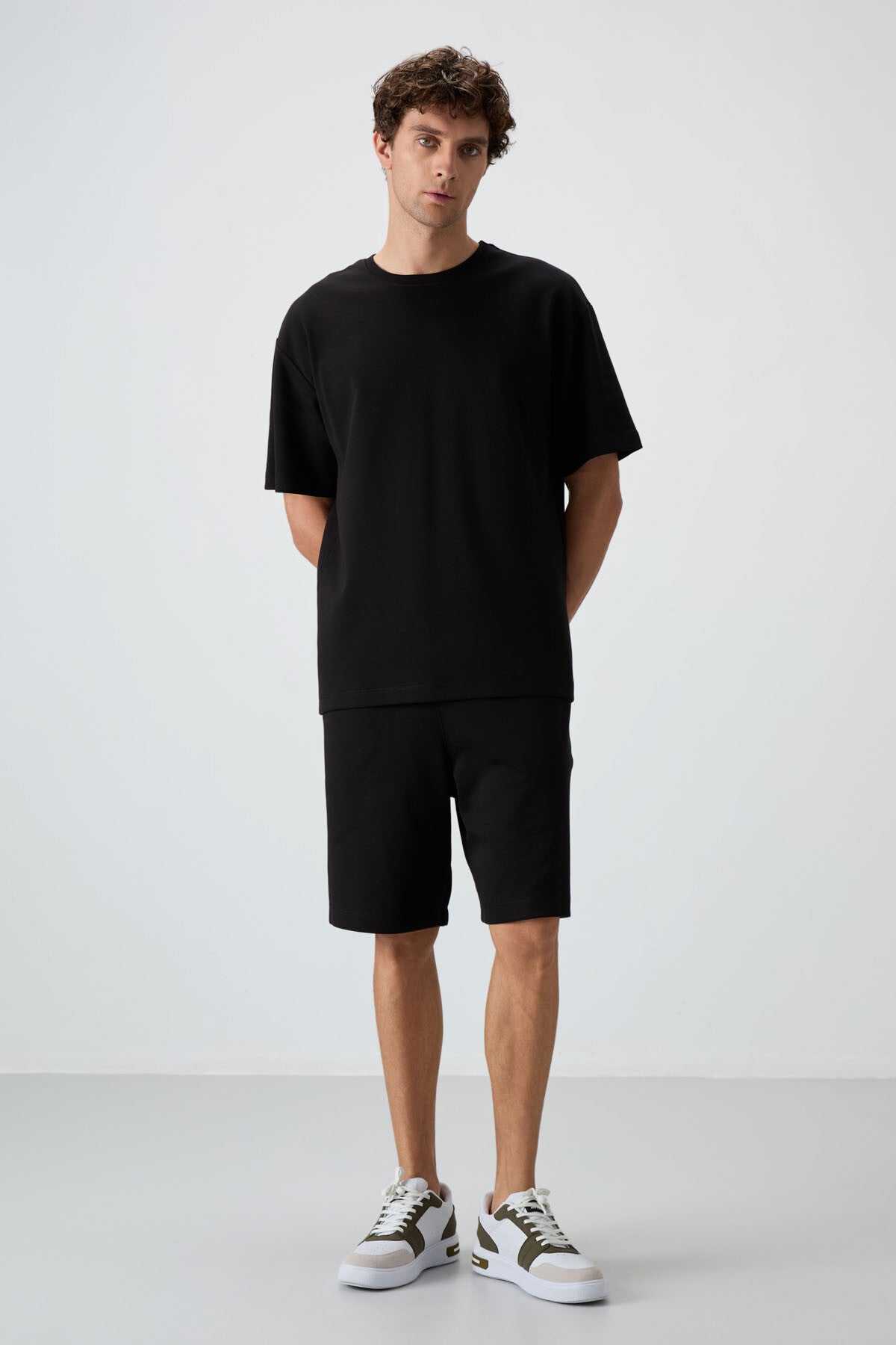 Siyah Pamuklu Kalın Yumuşak Dokulu Oversize Fit Basic Erkek Şort Takım - 85249