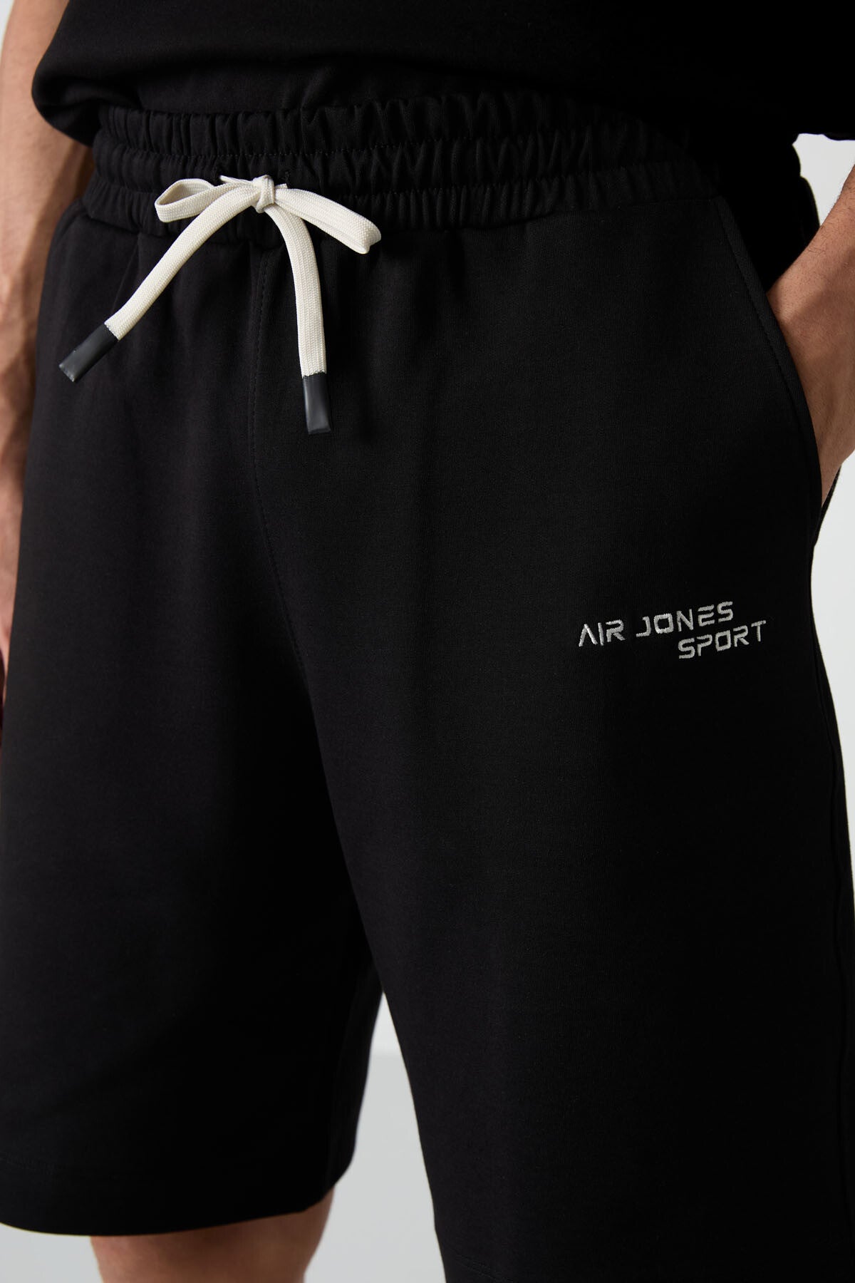 Siyah Pamuklu Kalın Yumuşak Dokulu Oversize Fit Nakışlı Erkek Şort Takım - 85250