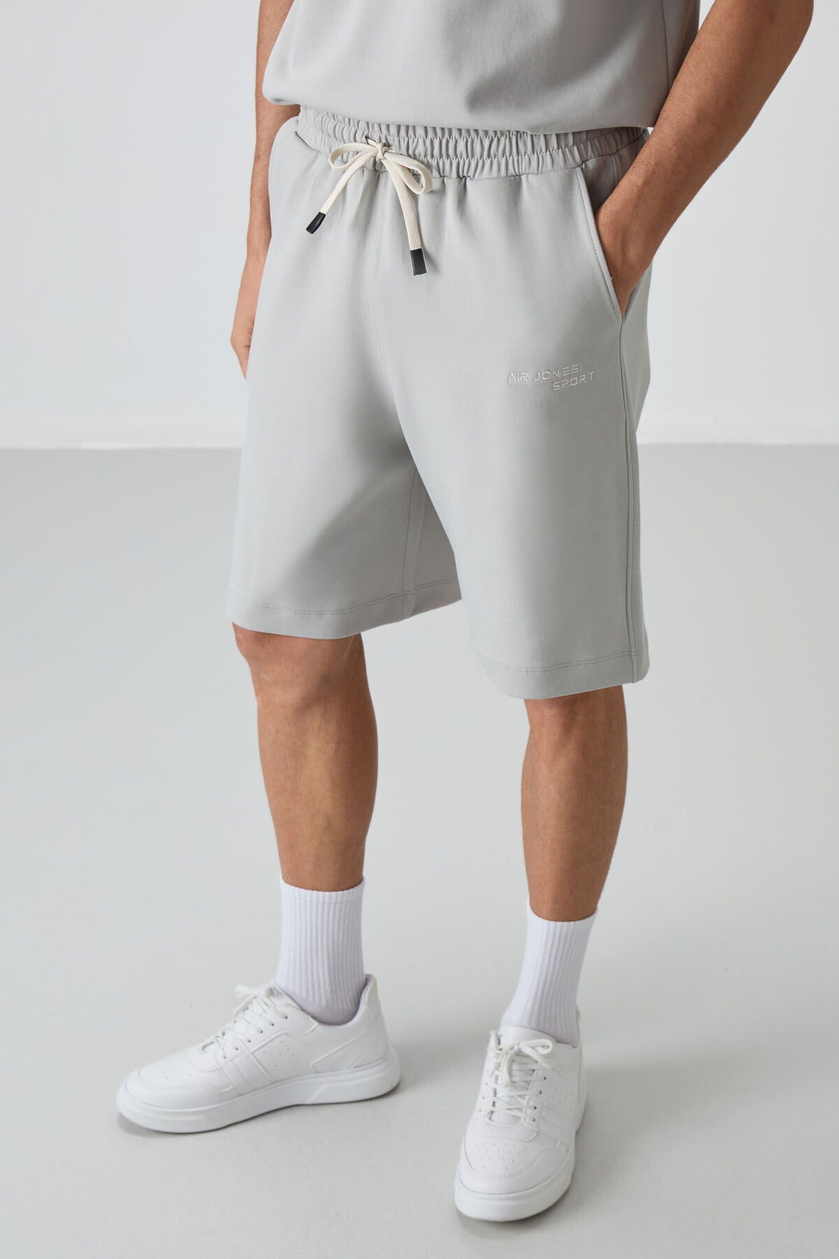 Taş Pamuklu Kalın Yumuşak Dokulu Oversize Fit Nakışlı Erkek Şort Takım - 85250