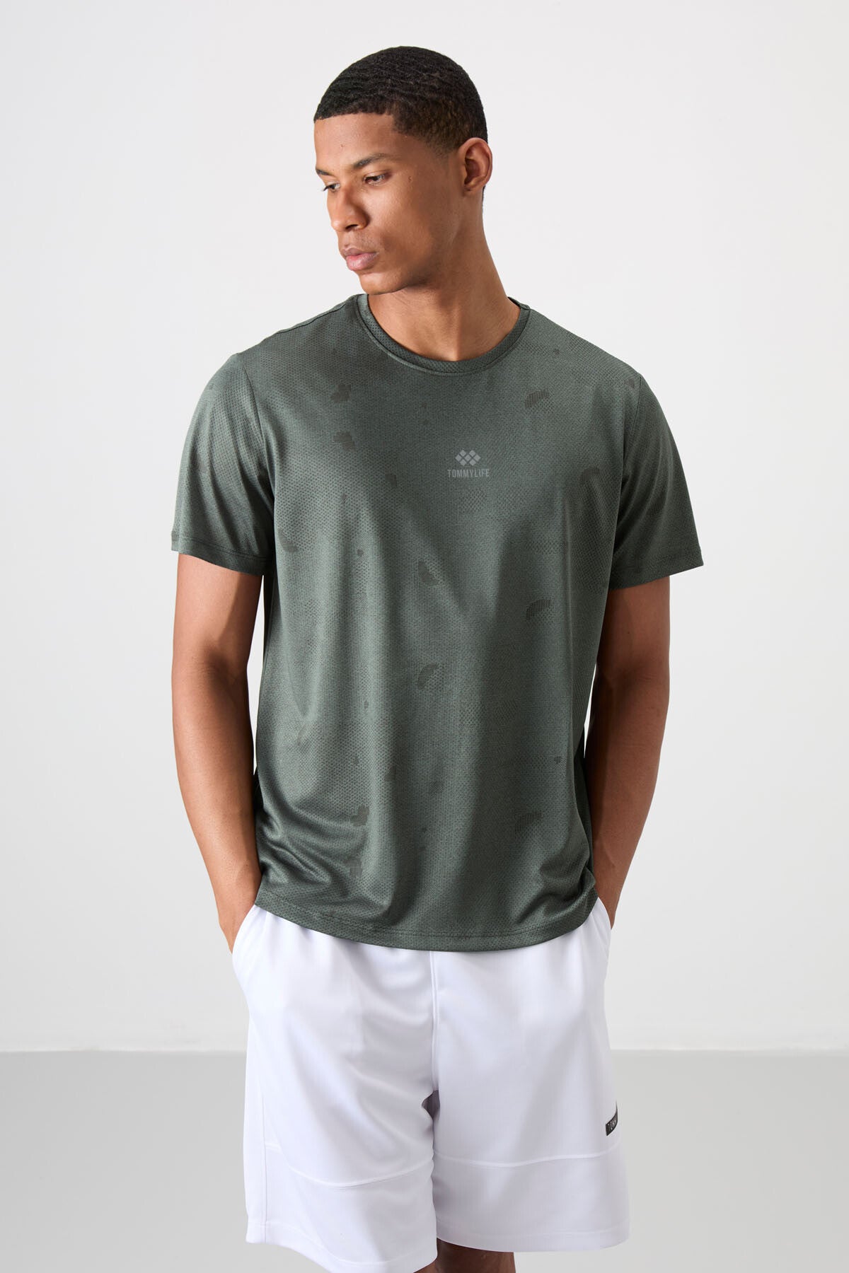 Haki Nefes Alan Jakarlı İnce Esnek Standart Fit Erkek Performans T-Shirt - 88397