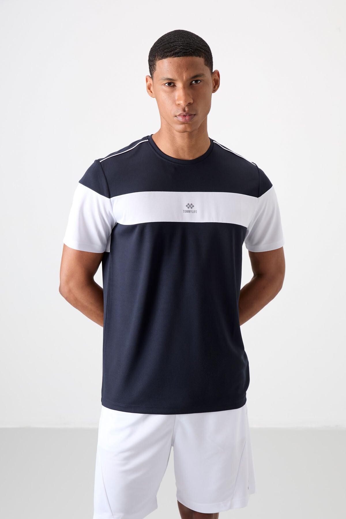 Lacivert Nefes Alan Dokulu İnce Esnek Standart Fit Erkek Performans T-Shirt - 88396