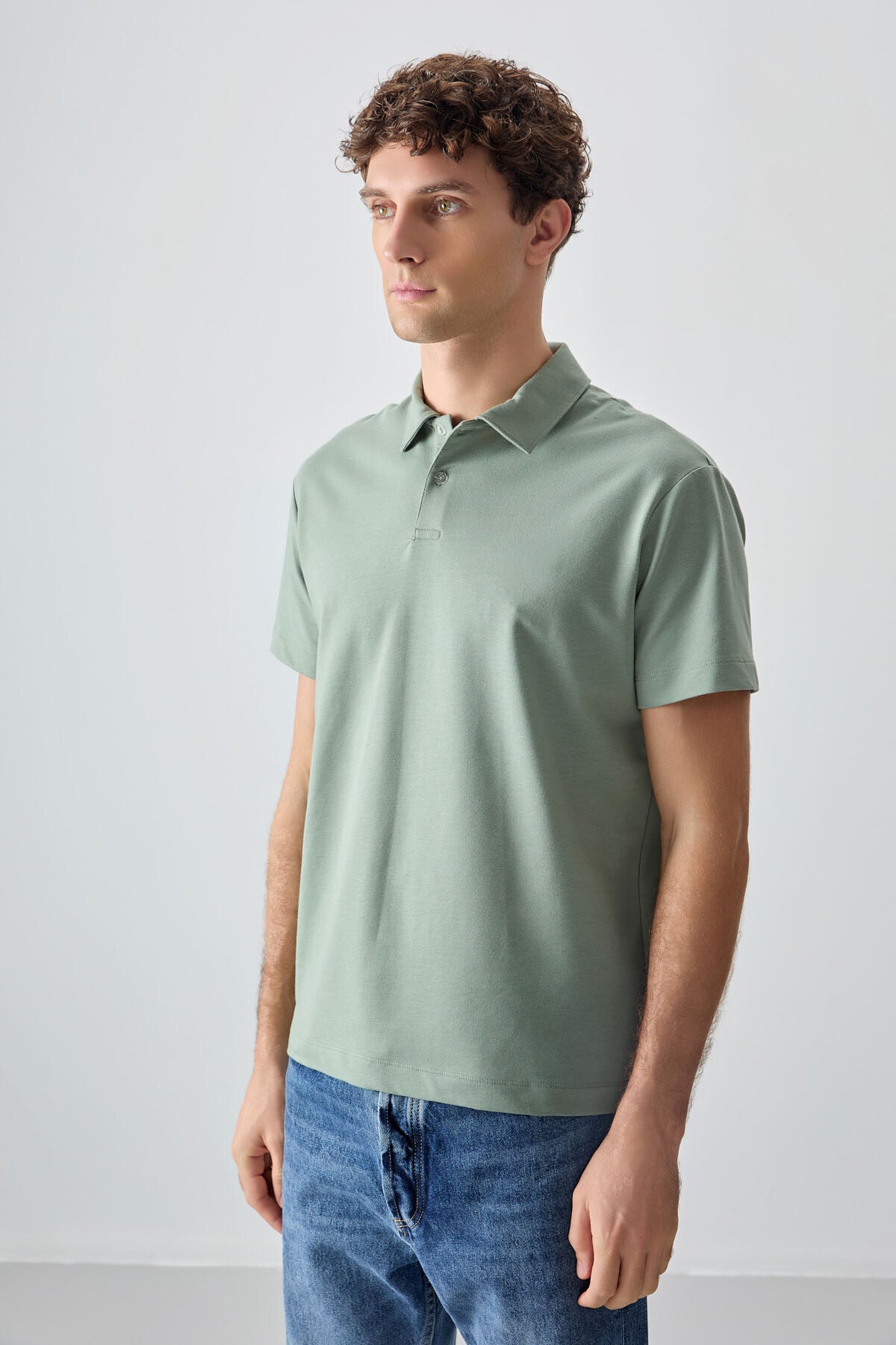 Açık Yeşil Pamuklu Kalın Yumuşak Dokulu Polo Yaka Oversize Fit Basic Erkek T-Shirt - 88381