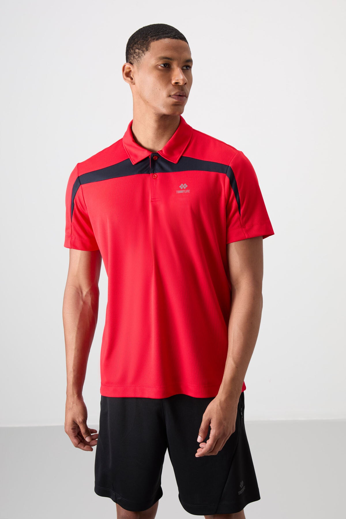 Kırmızı Nefes Alan Dokulu İnce Esnek Standart Fit Polo Yaka Erkek Performans T-Shirt - 88392