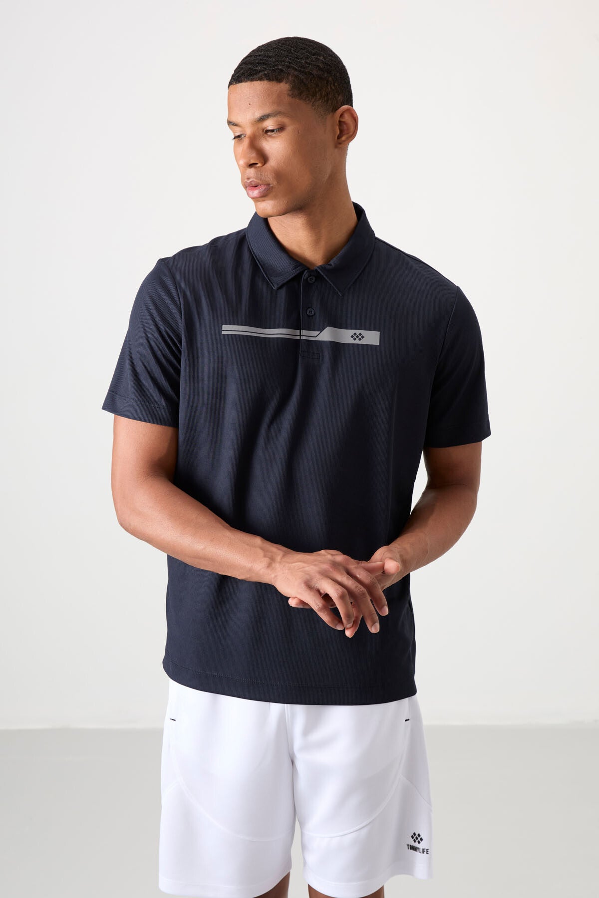 Lacivert Nefes Alan Dokulu İnce Esnek Standart Fit Polo Yaka Erkek Performans T-Shirt - 88393