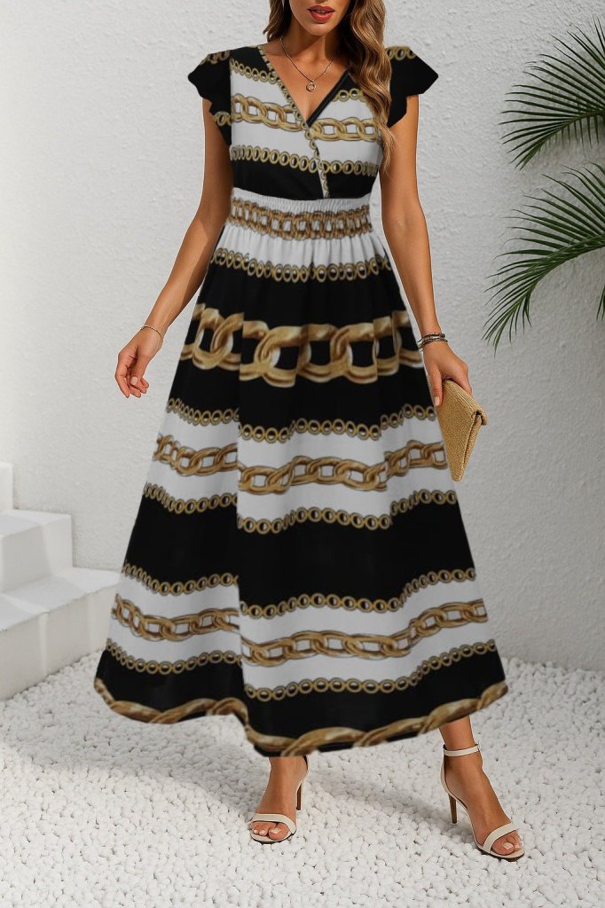 Women's Short Sleeve Wrap Collar Elastic Waist Patterned Maxi Knitted Crepe Dress