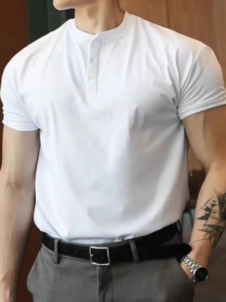 Men's Short Sleeve Mandarin Collar Front Buttoned Viscose Blouse