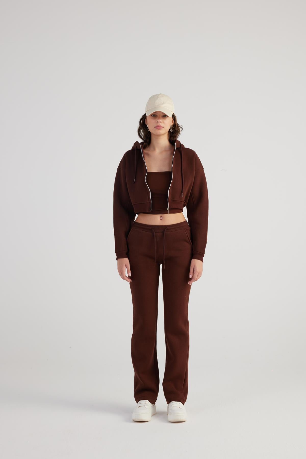 Kadın Kahve Yüksek Bel Straight Kesim Şardonlu Mixed Eşofman Altı