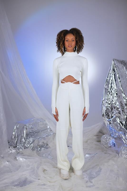 Lastikli Bel Geniş Paça Esnek Feels Triko Pantolon Ekru