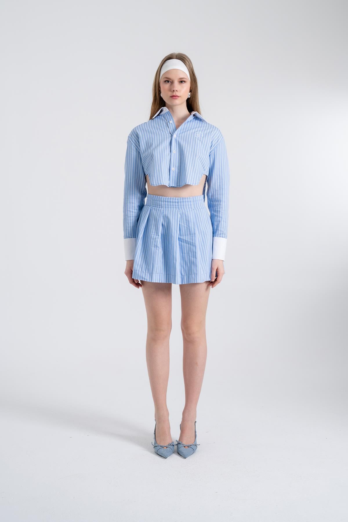 Çizgili Pilili Mini Harmony Poplin Etek Mavi