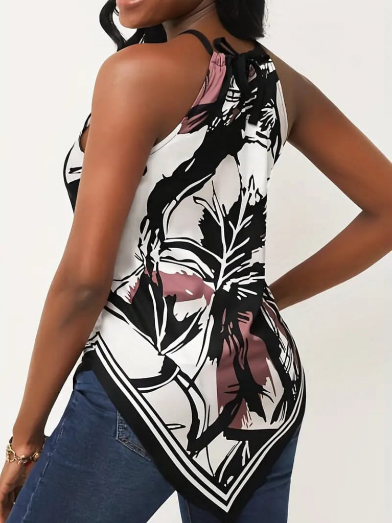 Women's Triangle Cut Tie Neck Floral Pattern Supreme Blouse