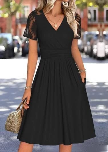 Women's Short Sleeve Wrap Collar Short Flared Viscose Dress