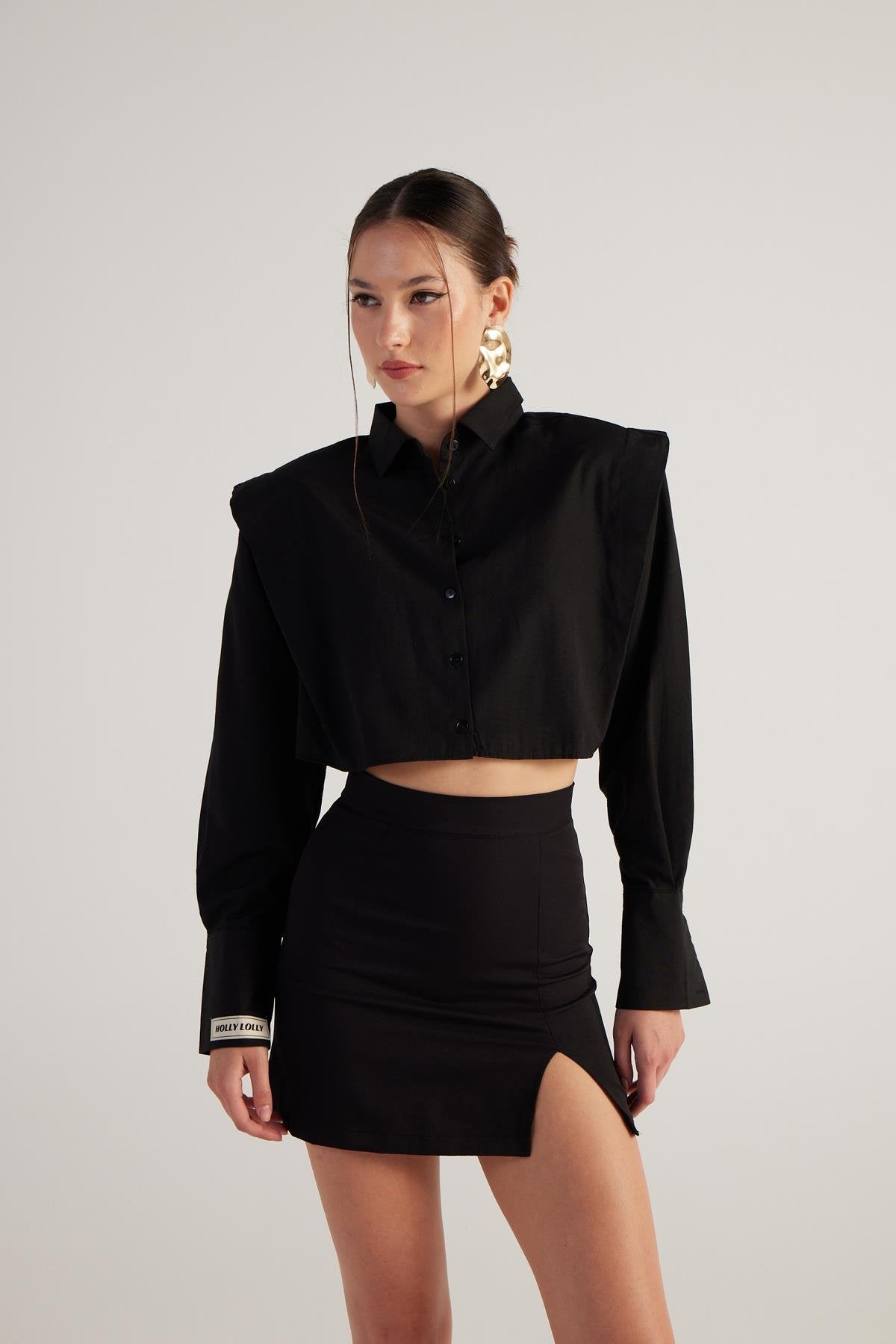 Vatkalı Poplin Tria Crop Gömlek Siyah Siyah L