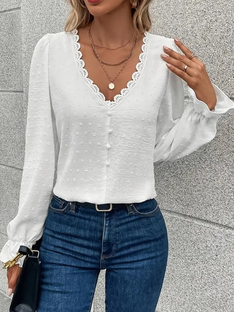 Women's Long Sleeve V Neck Front Button Blouse