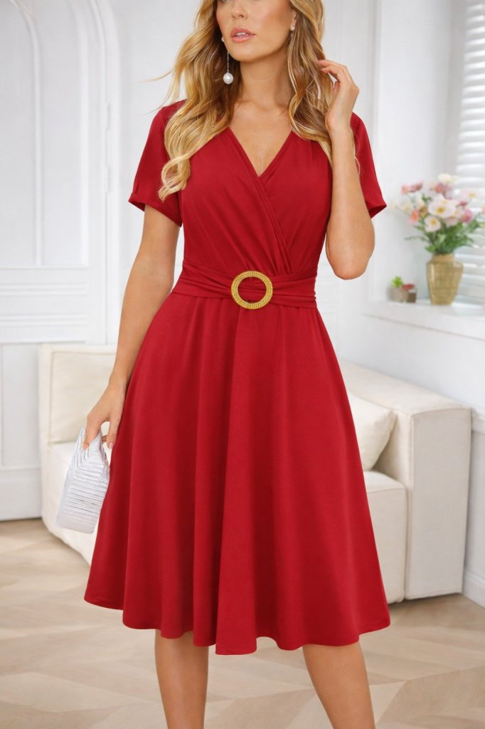 Women's Short Sleeve Wrap Neck Front Buckle Detailed Short Viscose Dress