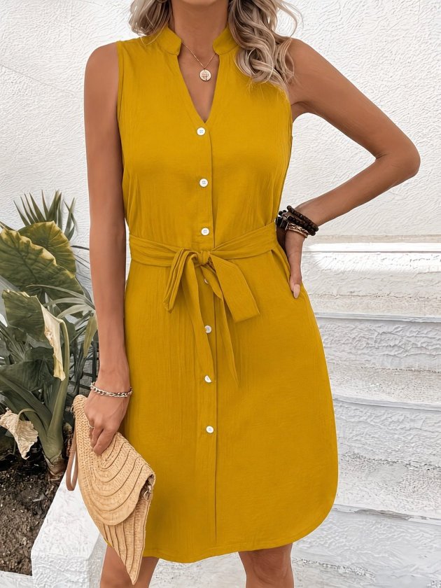 Women's Sleeveless V Mandarin Collar Front Buttoned Waist Belted Short Aerobin Dress