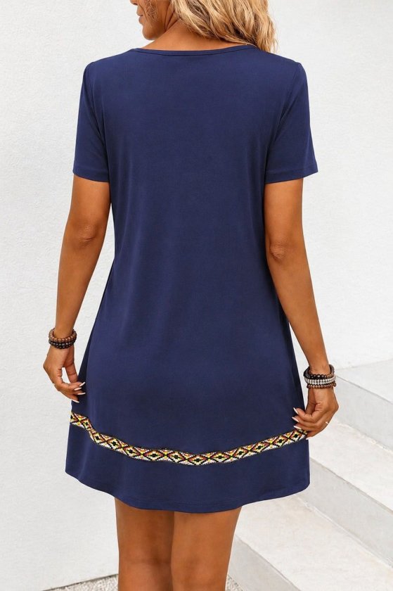 Women's Short Sleeve V Neck Ethnic Pattern Stripe Detail Viscose Dress