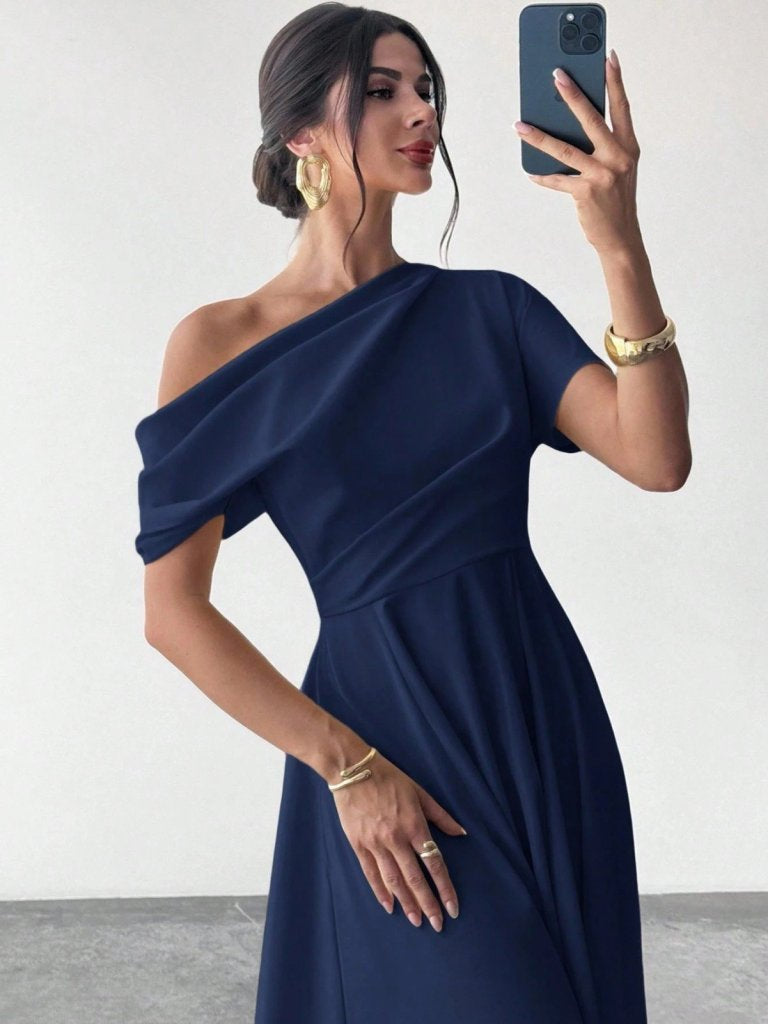 Women's Off-Shoulder Short Sleeve Pleated Shoulder Long Janjan Crepe Dress