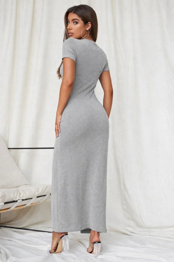Women's Short Sleeve V Neck Front Button Detail Long Ribbed Dress