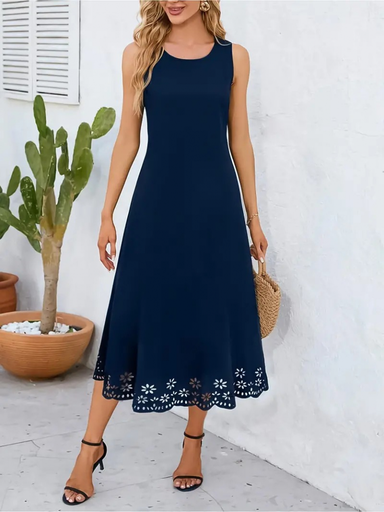 Women's Sleeveless Laser Cut Floral Patterned Midi Length Imported Crepe Dress