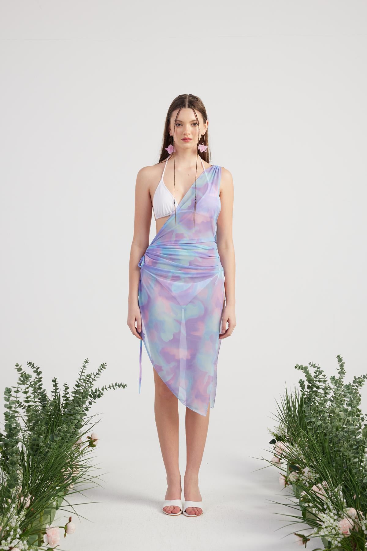 Özel Aksesuarlı Tek Omuzlu Tül Helen Pareo Lila