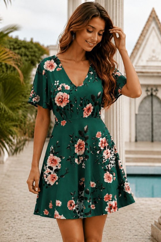 Women's Short Sleeve V Neck Patterned Short Supreme Dress