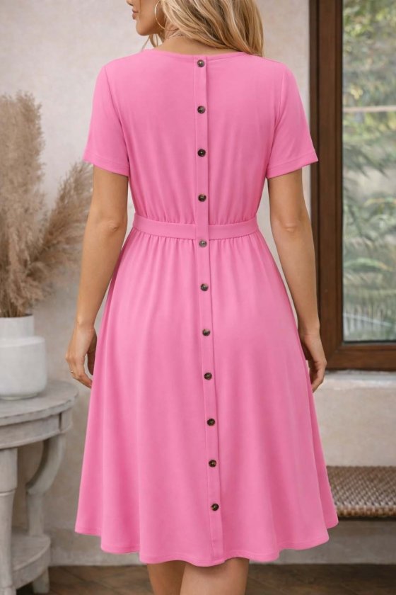 Women's Short Sleeve Round Neck Back Buttoned Viscose Midi Dress