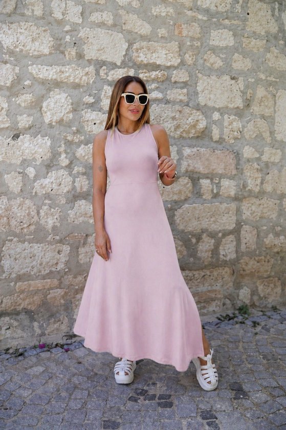 Women's Back Cross Detail Round Neck Maxi Viscose Dress